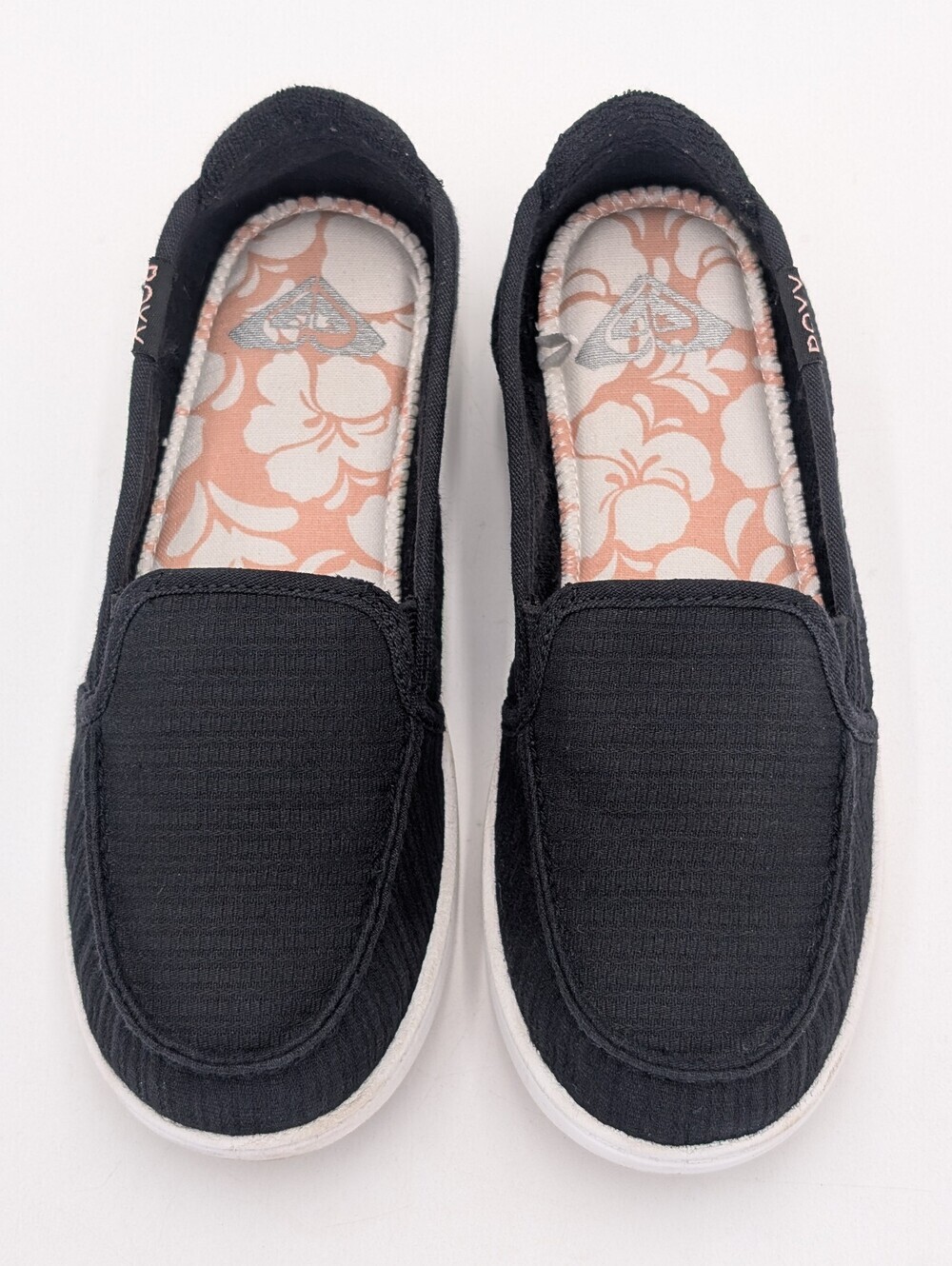 Roxy Minnow Sz 5 Women's Black/White Canvas & Herringbone Knit Slip-On Loafers - Picture 13 of 17